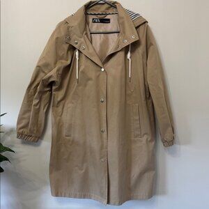 Zara Women Tan Beige Hooded  Raincoat Jacket Size Medium